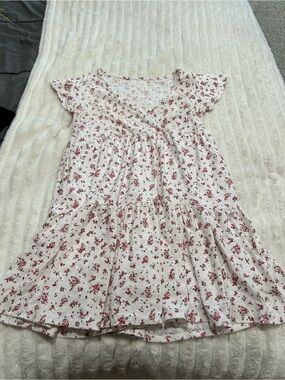 Womens White Floral Tiered Dress with Pink Print